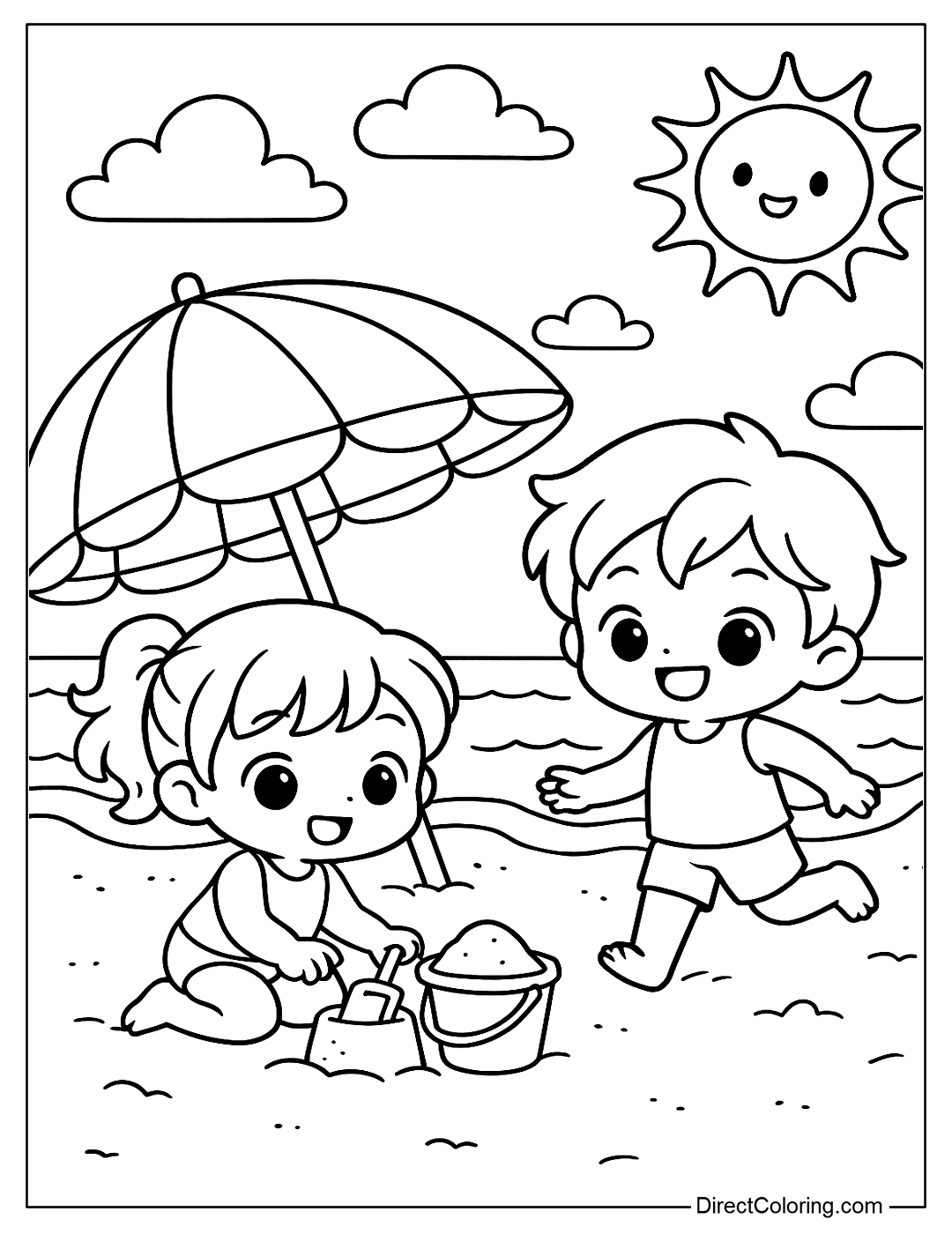 coloring page A summer day at the beach with a beach umbrella, sand buckets and kids playing